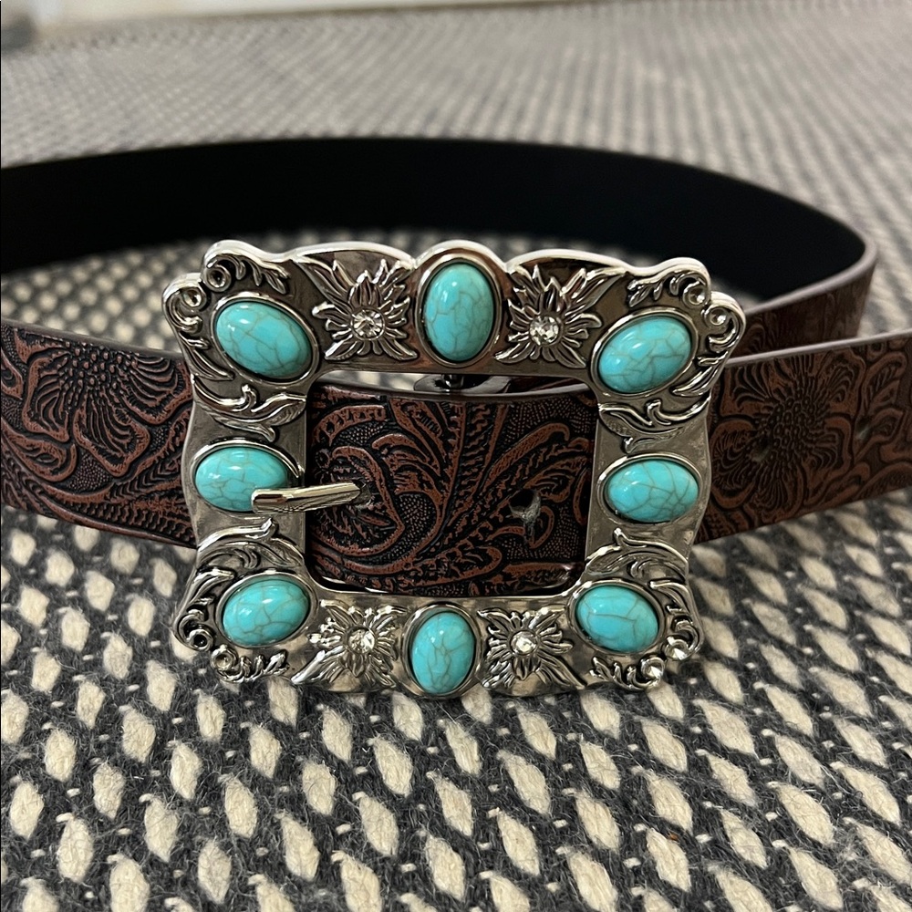 Brown Embossed Belt with Turquoise Accents
